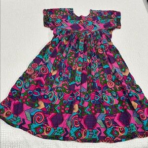 GO SOFTLY Colorful Batik Print Midi Dress Caftan Mumu Sz S Cotton Pockets Ruffle